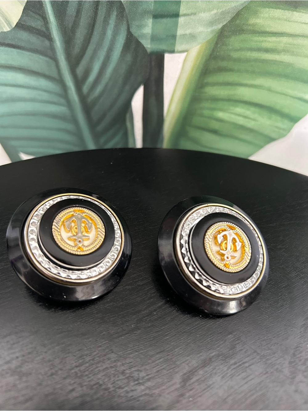Vintage Black and Gold Button-Cilp On Style Earrings